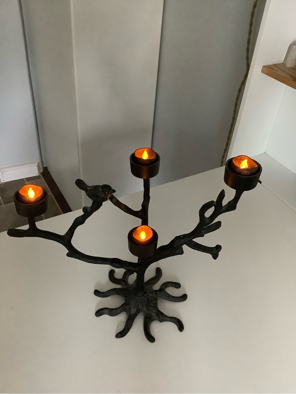 Black Metal Branch Candelabra with Amber LED Candles